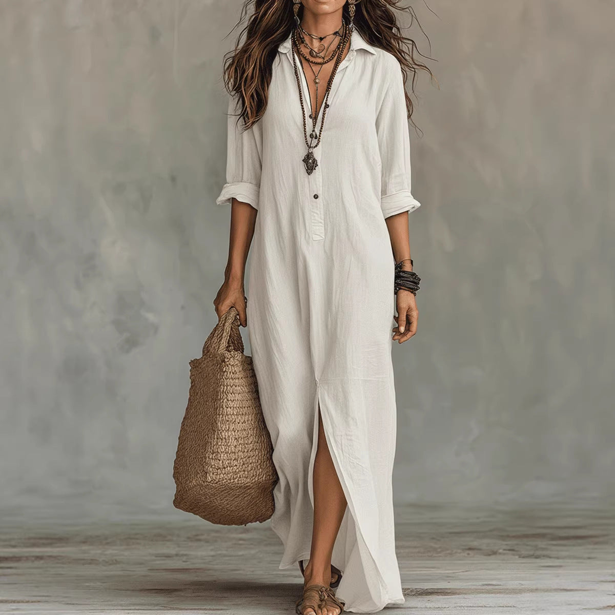 Lapel Collar Side-Slit Maxi Dress