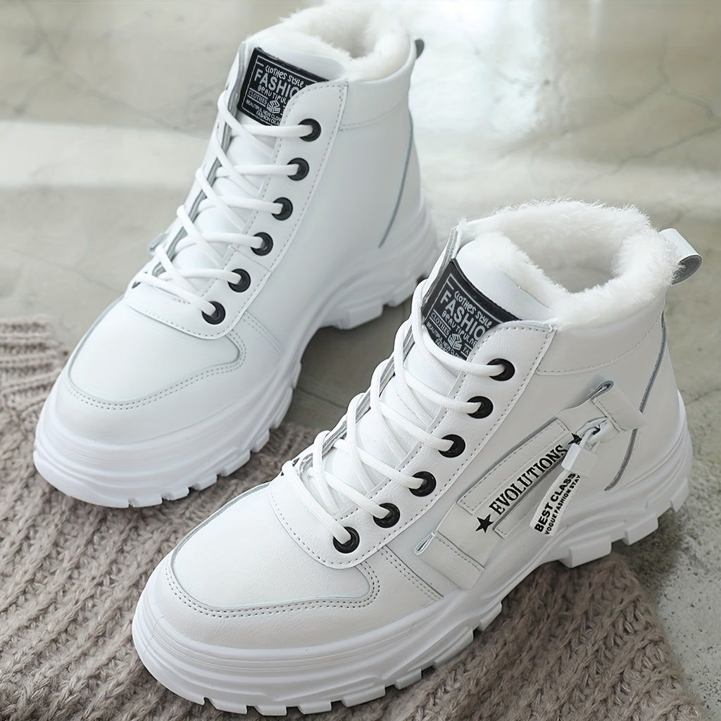[Warm Fleece-Lined Winter Boots] Warm Fleece-Lined Women's Winter High-Top Boots - Thick Rubber Sole, Lace-Up Casual Style, White & Beige, Perfect for Cold Weather Comfort