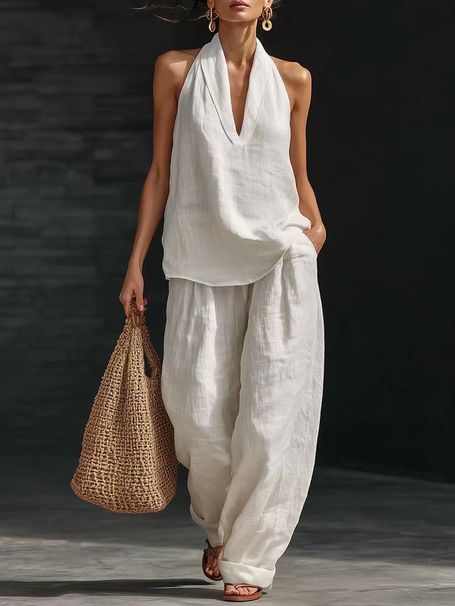 V-Neck Halter Top & Wide-Leg Pants Set