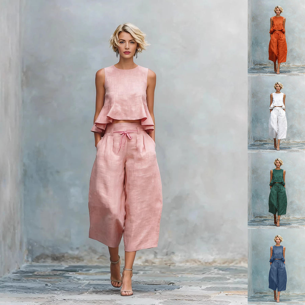 Ruffled Sleeveless Top & Wide-Leg Pants Set