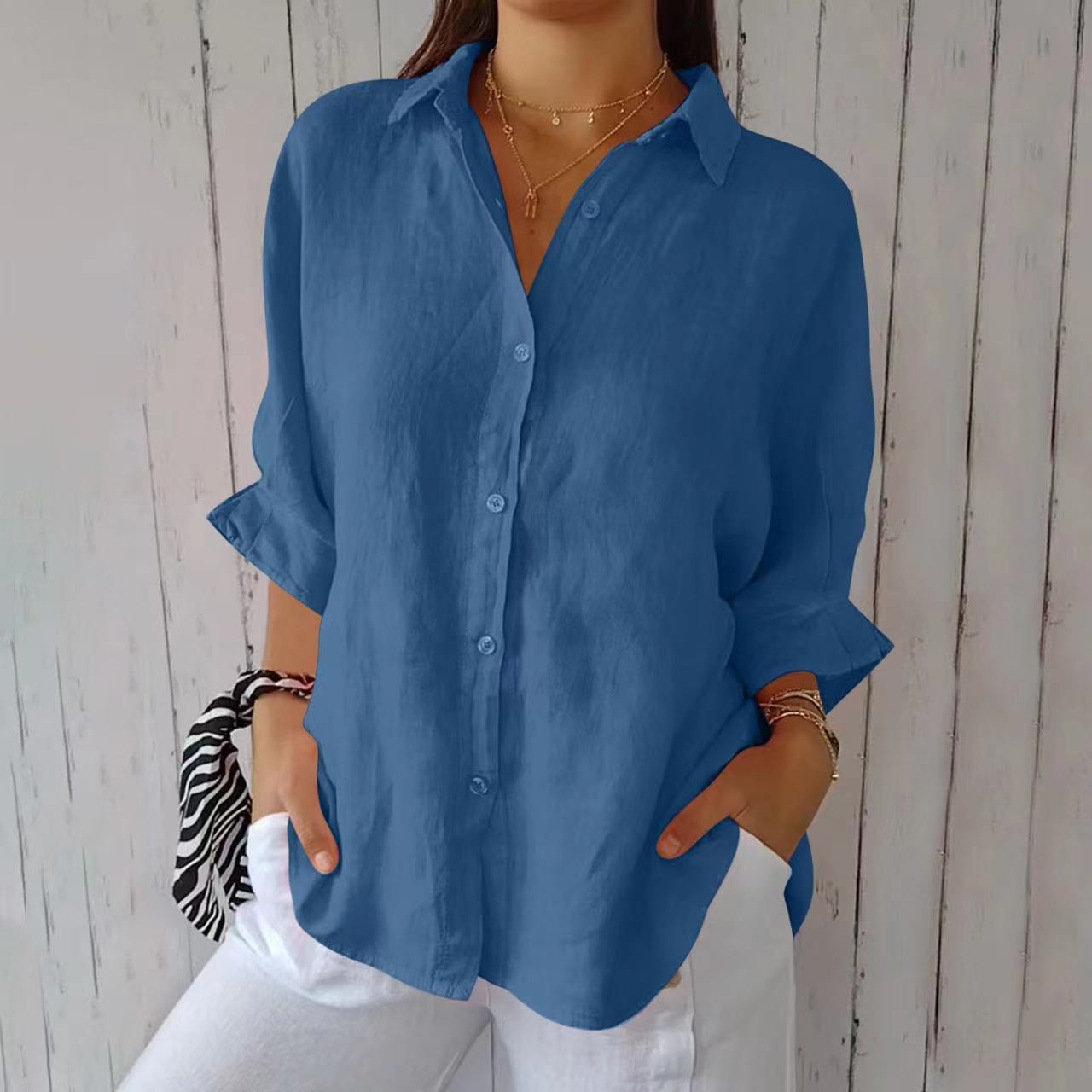 Women's Pleated Lapel Button Shirt