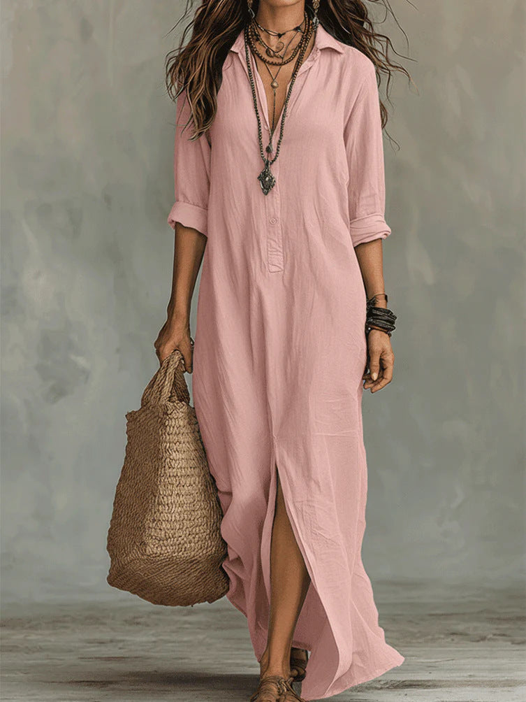 Lapel Collar Side-Slit Maxi Dress