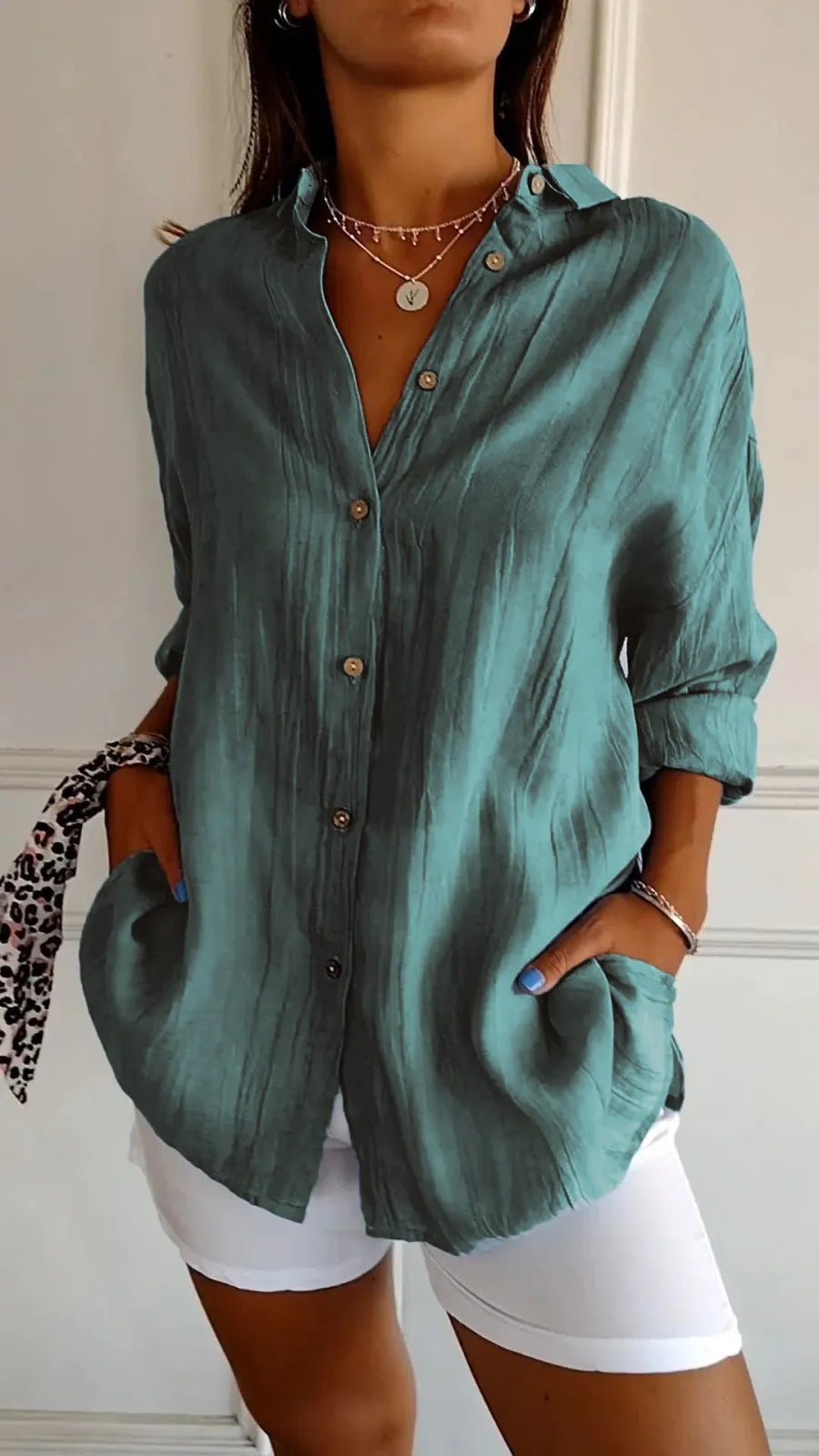 Women's Pleated Lapel Button Shirt
