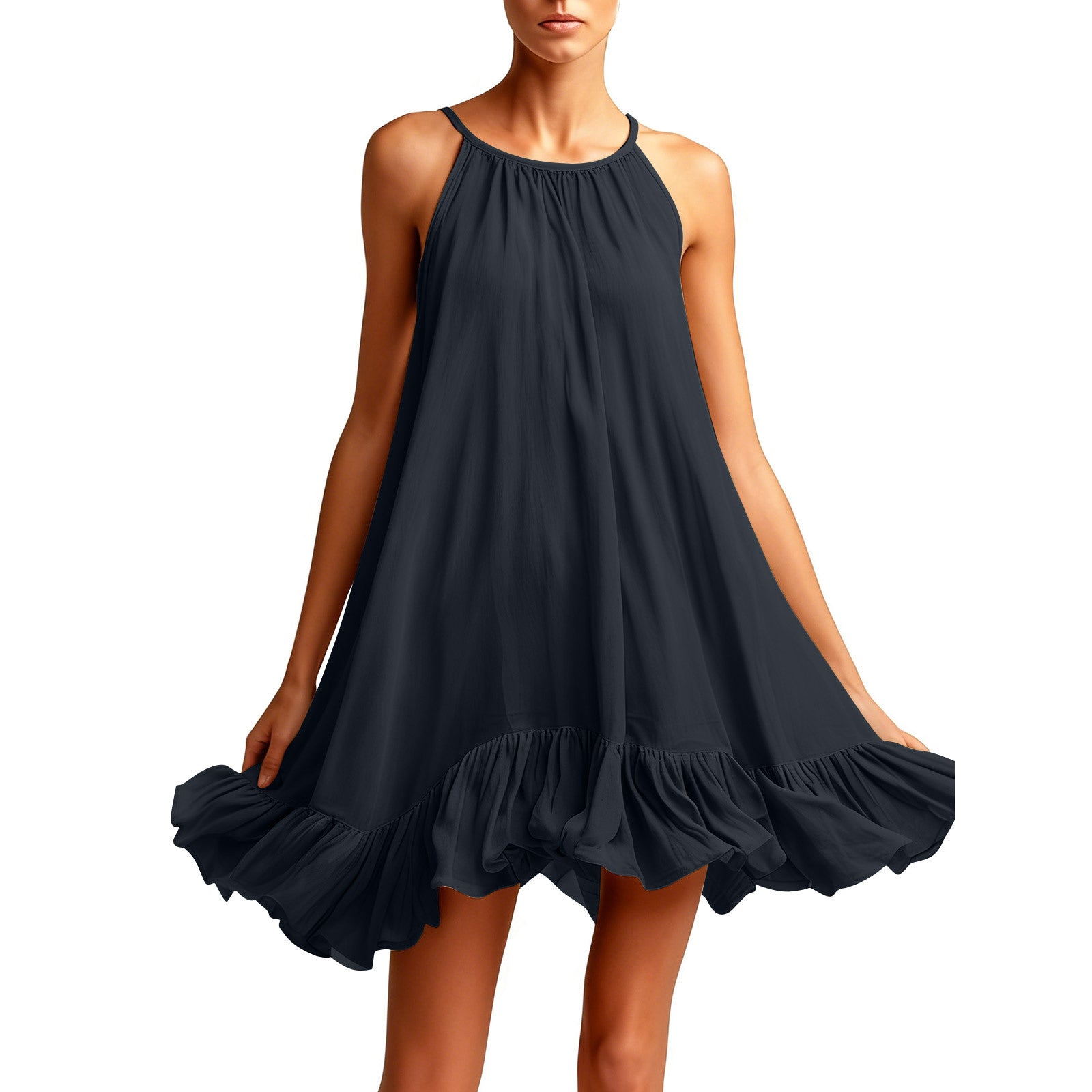 Sleeveless Pleated Womens Halterneck Casual Dress