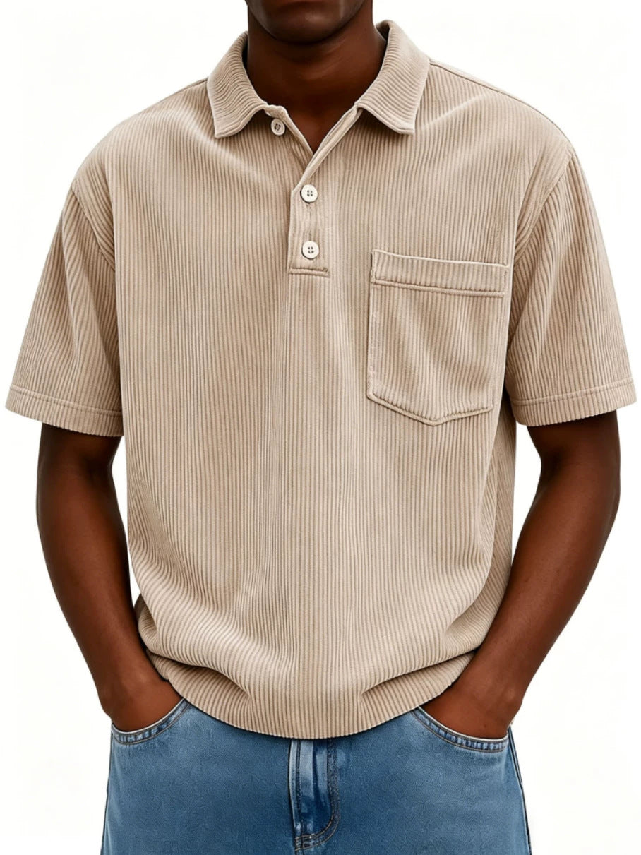 Mens Casual Corduroy Short-Sleeve Shirt With Buttons And A Lapel Collar