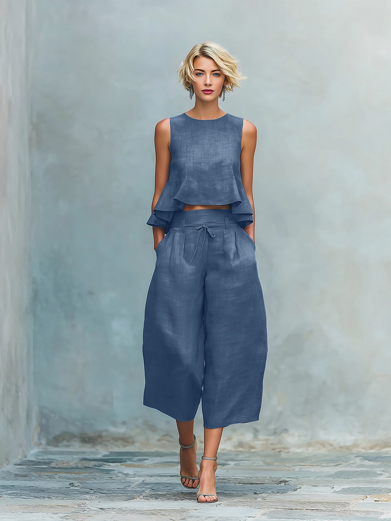 Ruffled Sleeveless Top & Wide-Leg Pants Set