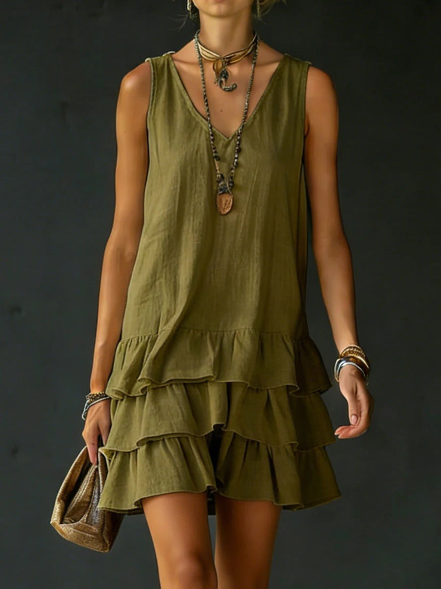 V-neck Cotton-linen Womens Fashionable Sleeveless Dress