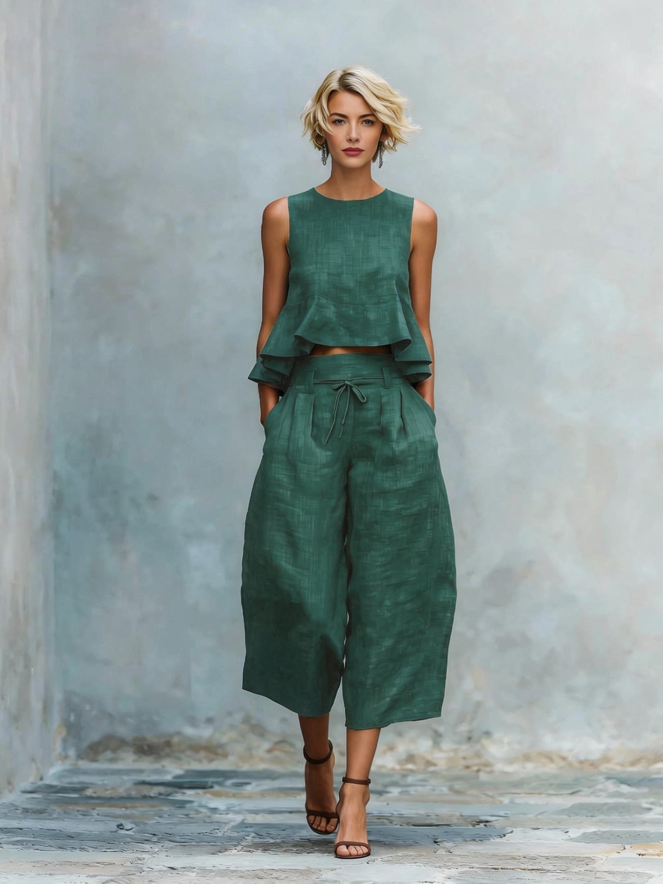 Ruffled Sleeveless Top & Wide-Leg Pants Set