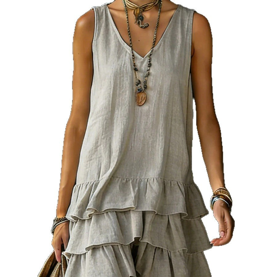 V-neck Cotton-linen Womens Fashionable Sleeveless Dress