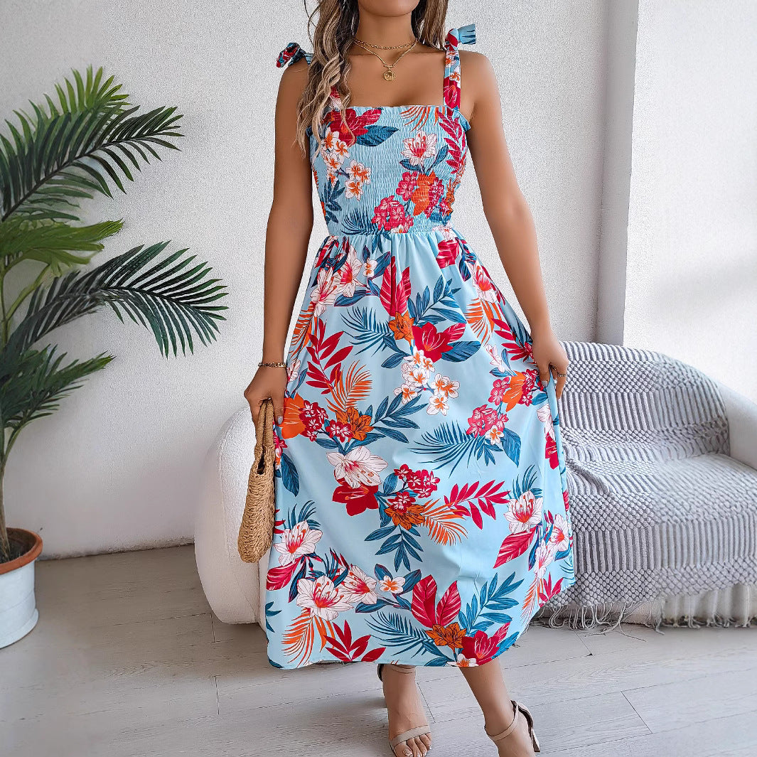 Flowers Print Suspender Corset Dress