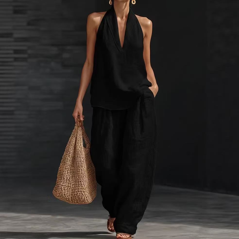 V-Neck Halter Top & Wide-Leg Pants Set