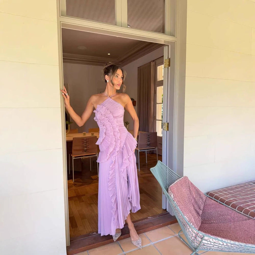 Ruffled Halter Neck Evening Dress