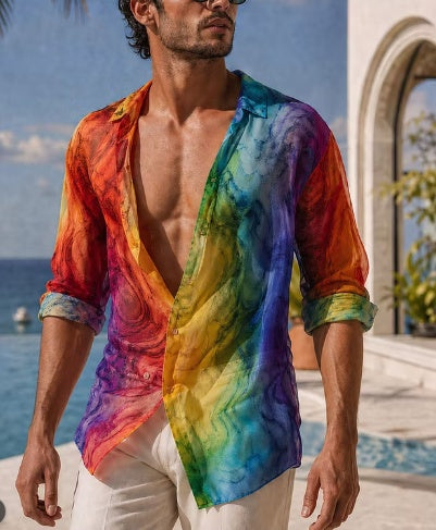 Rainbow Marble Print Sheer Oversized Shirt