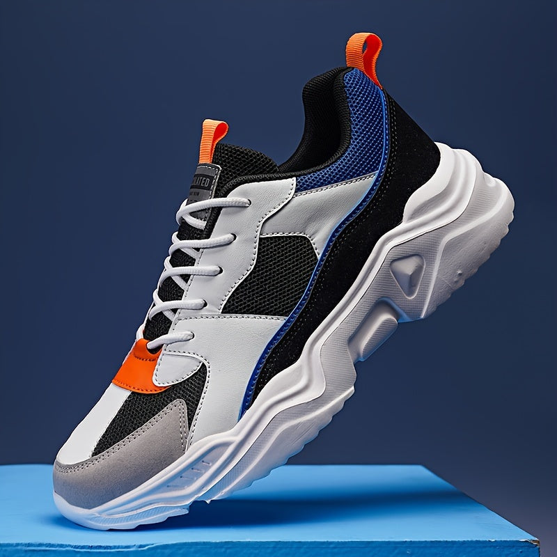 [Breathable Sneakers] Chunky Breathable Mesh Sneakers | Men's White & Teal Casual Sneakers with EVA Sole, Lace-Up Design for All Seasons