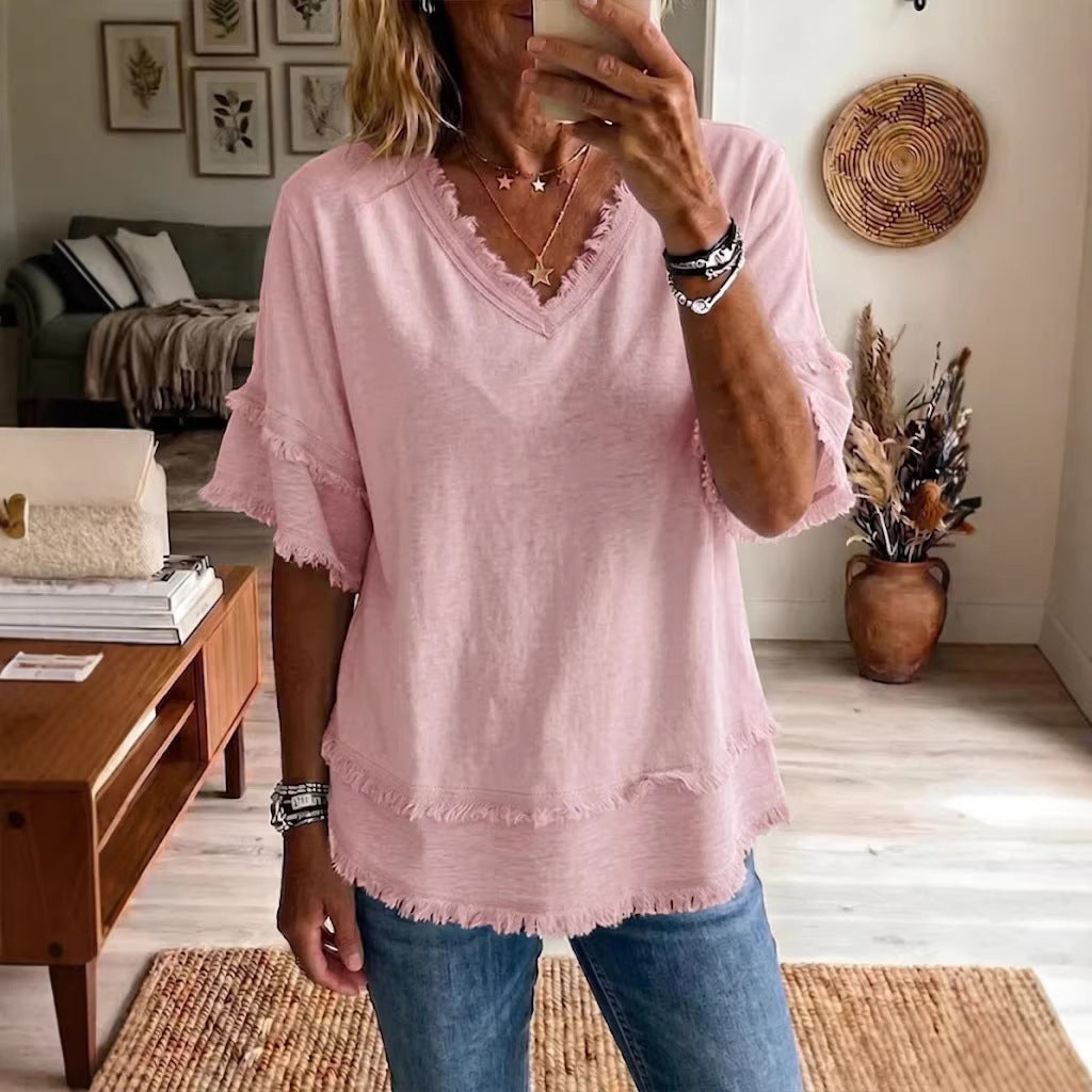 Women's V-Neck Loose Pullover Top