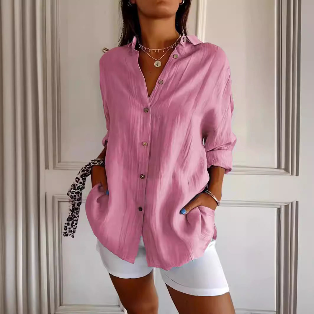 Women's Pleated Lapel Button Shirt