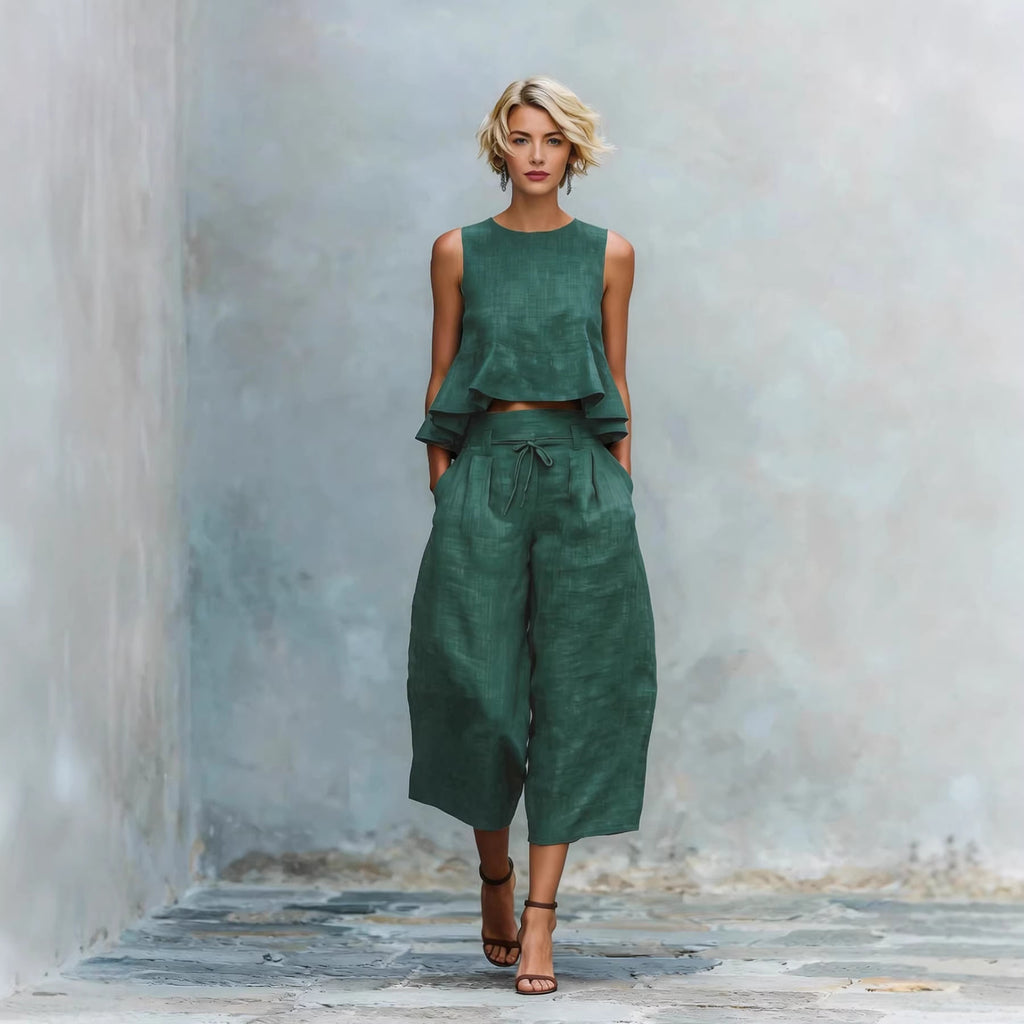 Ruffled Sleeveless Top & Wide-Leg Pants Set