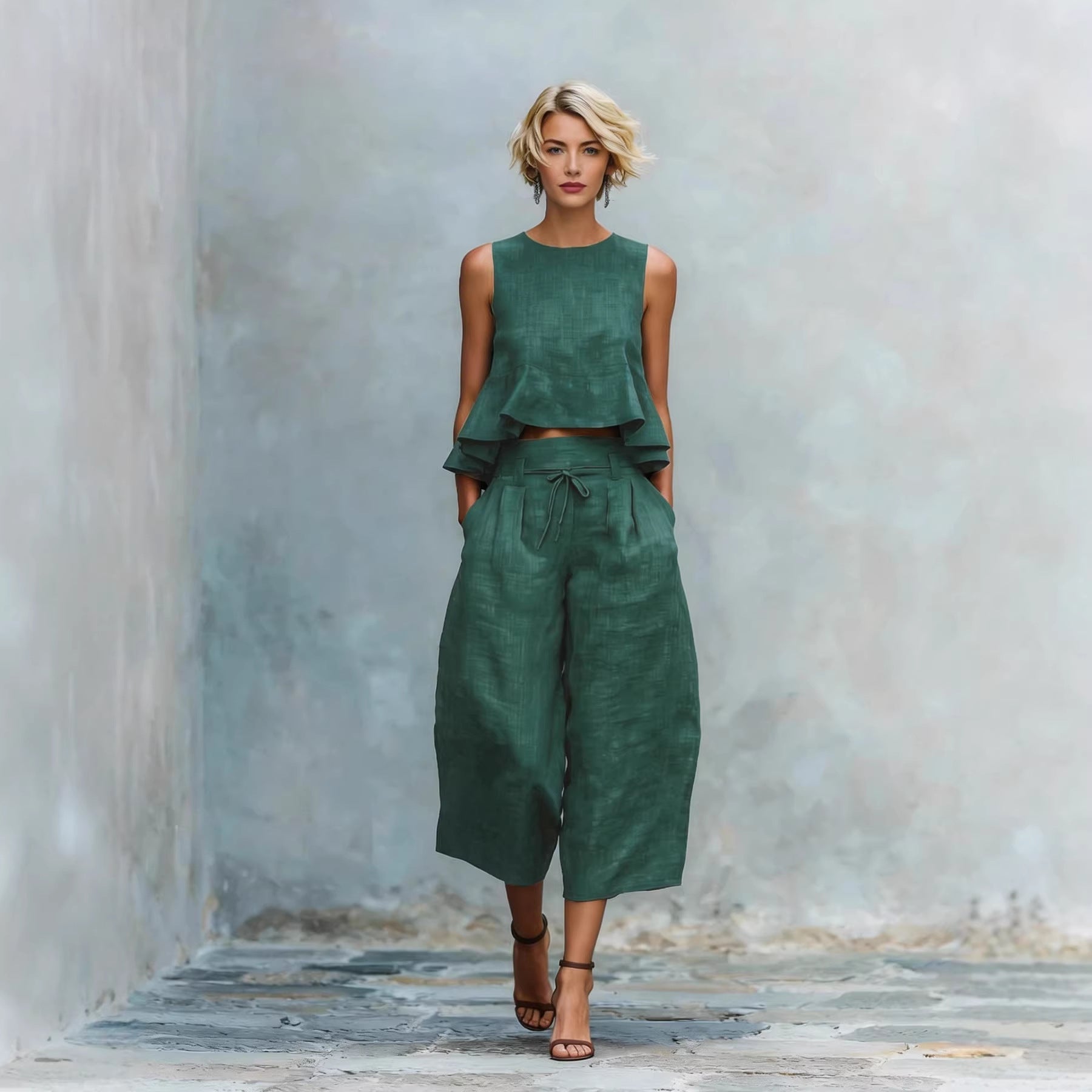 Ruffled Sleeveless Top & Wide-Leg Pants Set