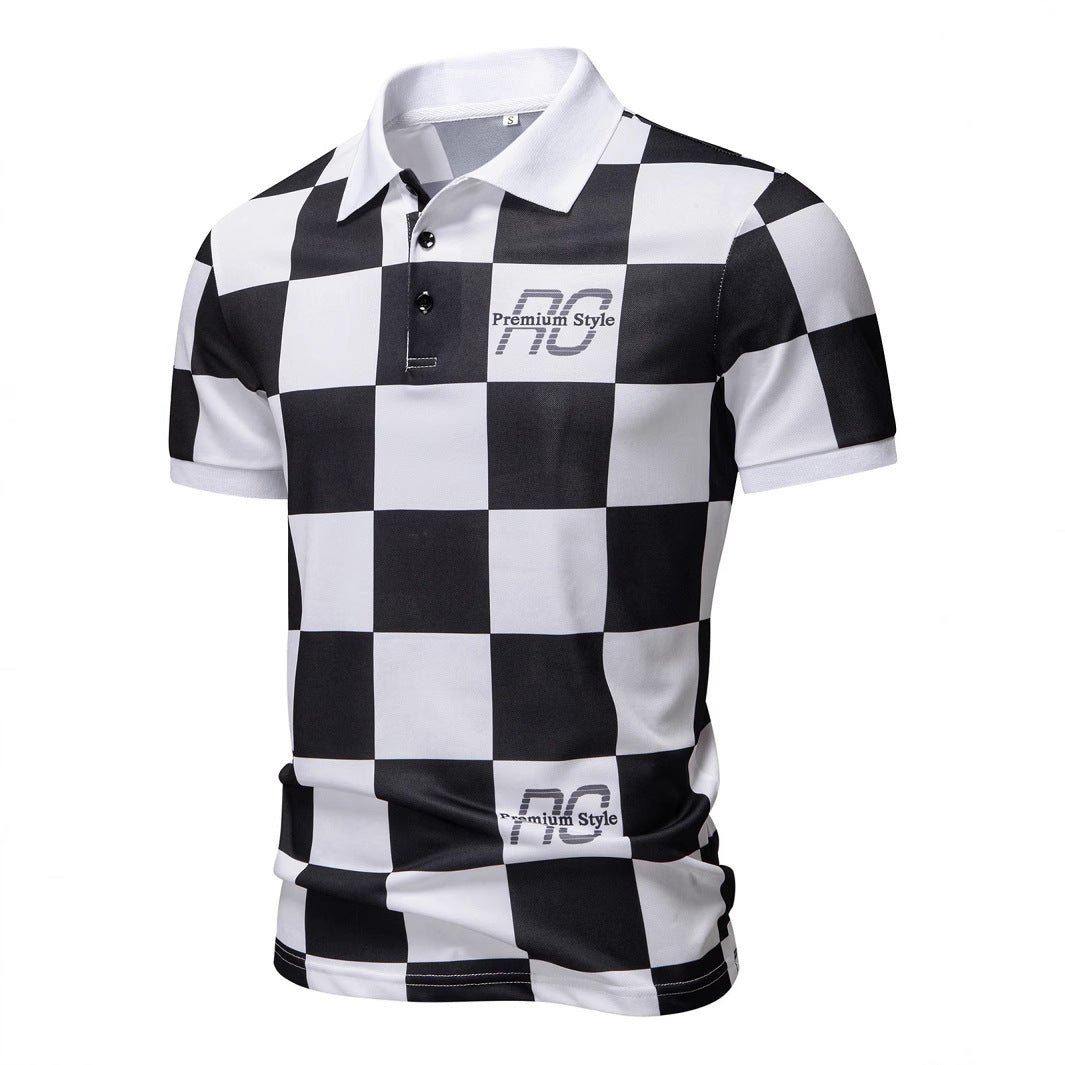 Checkered Short-Sleeve Letter-Printed Casual Fashion T-Shirt