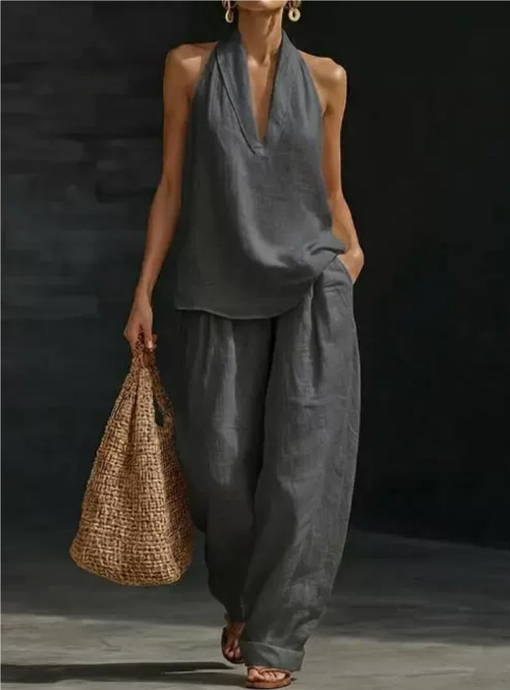 V-Neck Halter Top & Wide-Leg Pants Set