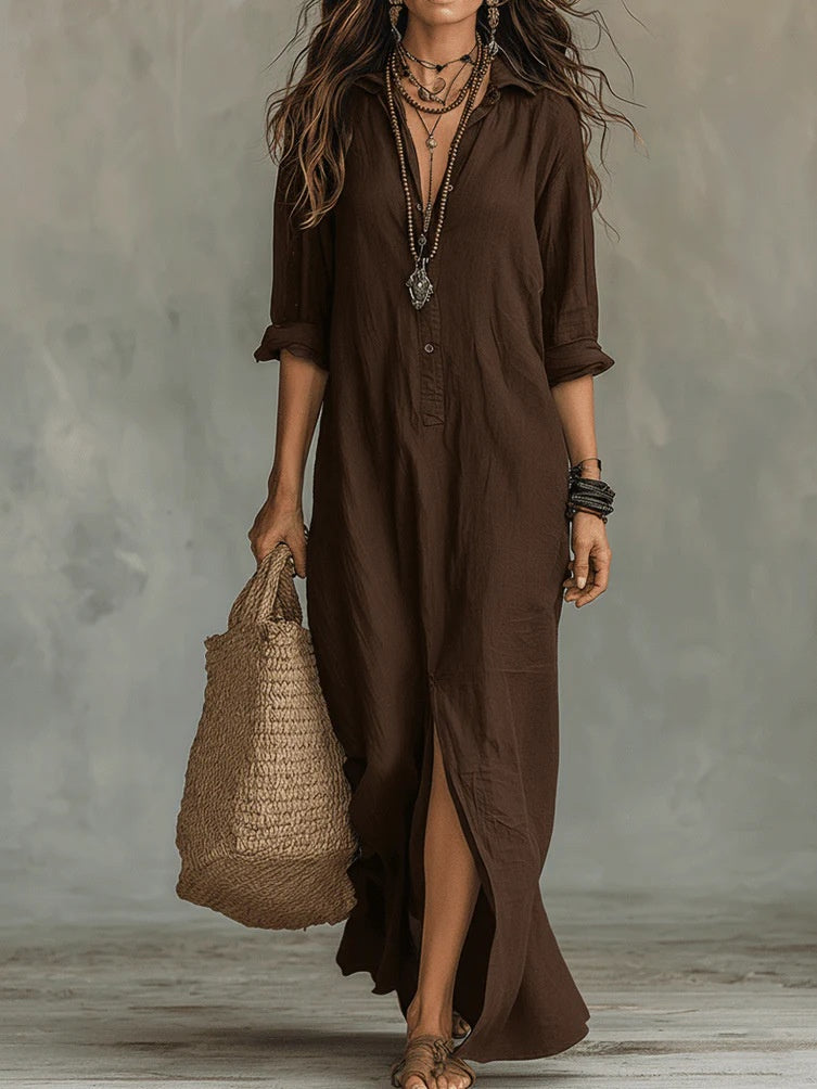 Lapel Collar Side-Slit Maxi Dress