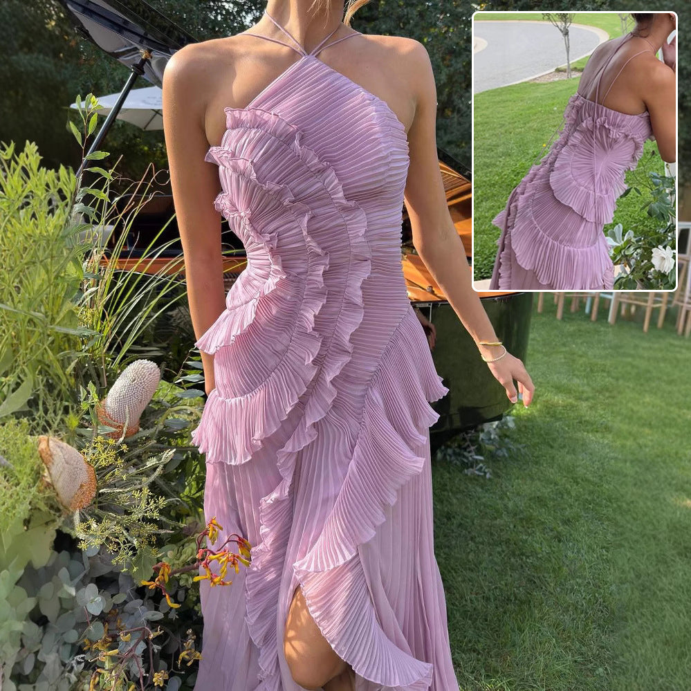 Ruffled Halter Neck Evening Dress