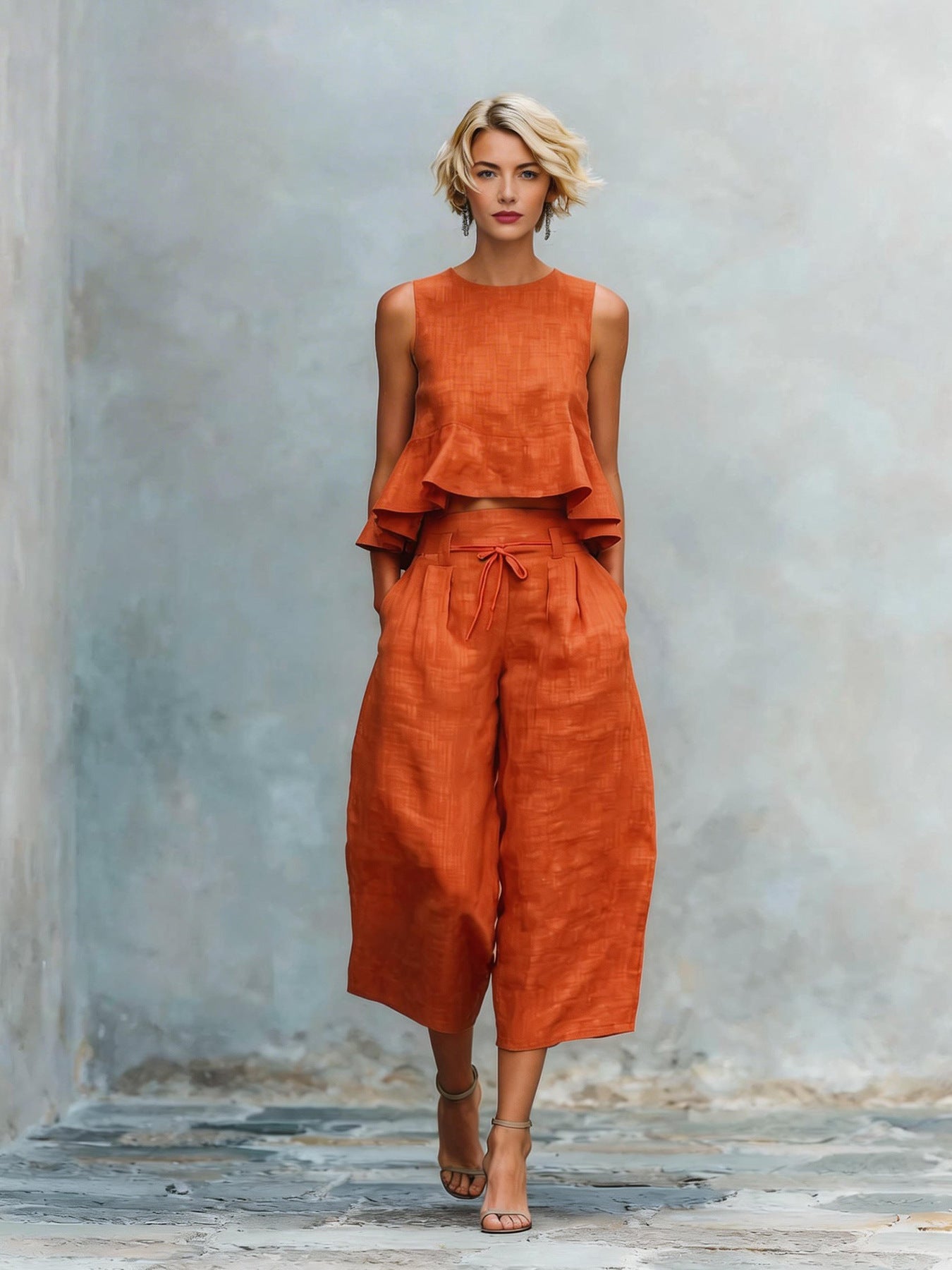 Ruffled Sleeveless Top & Wide-Leg Pants Set