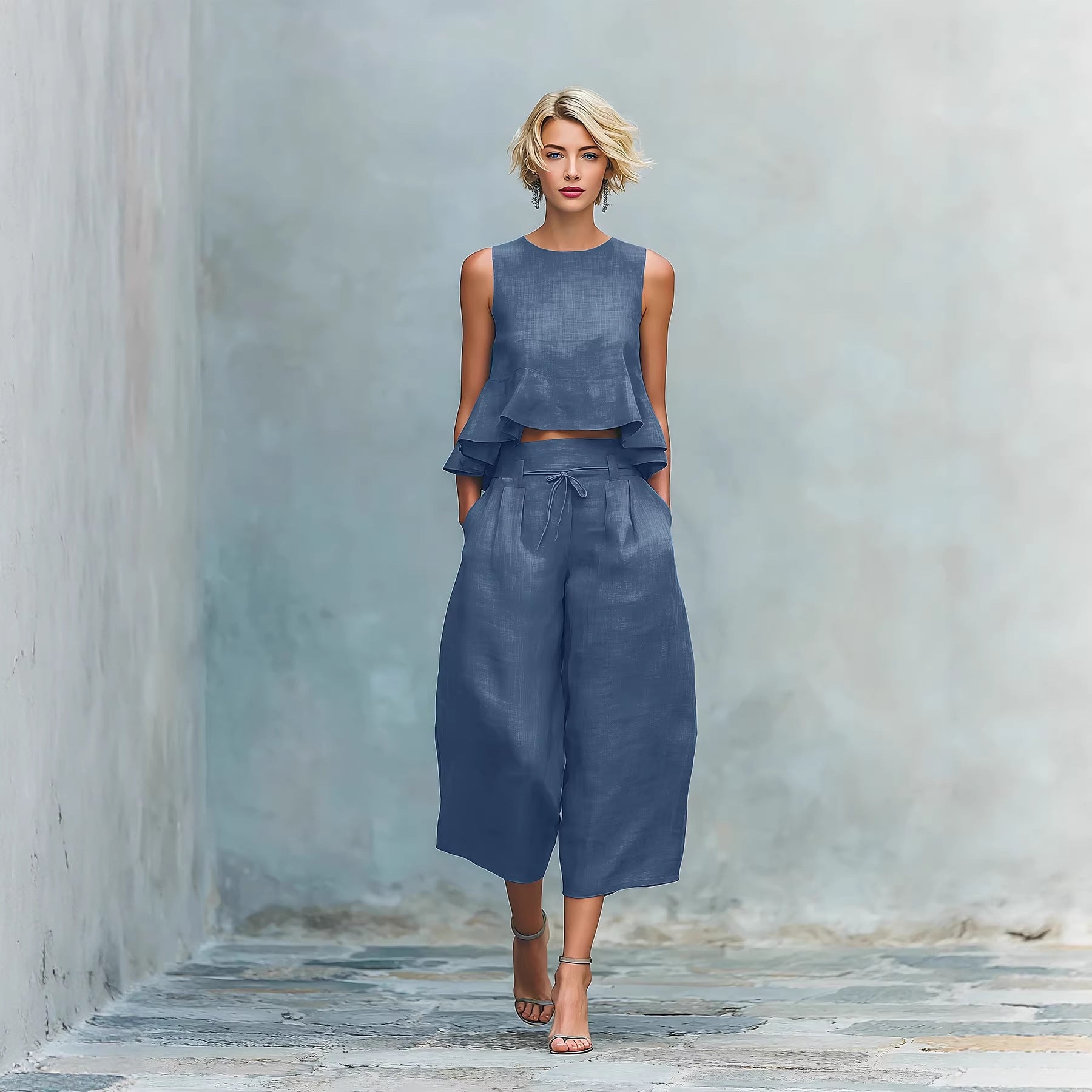 Ruffled Sleeveless Top & Wide-Leg Pants Set
