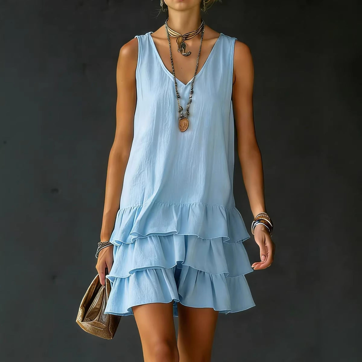 V-neck Cotton-linen Womens Fashionable Sleeveless Dress