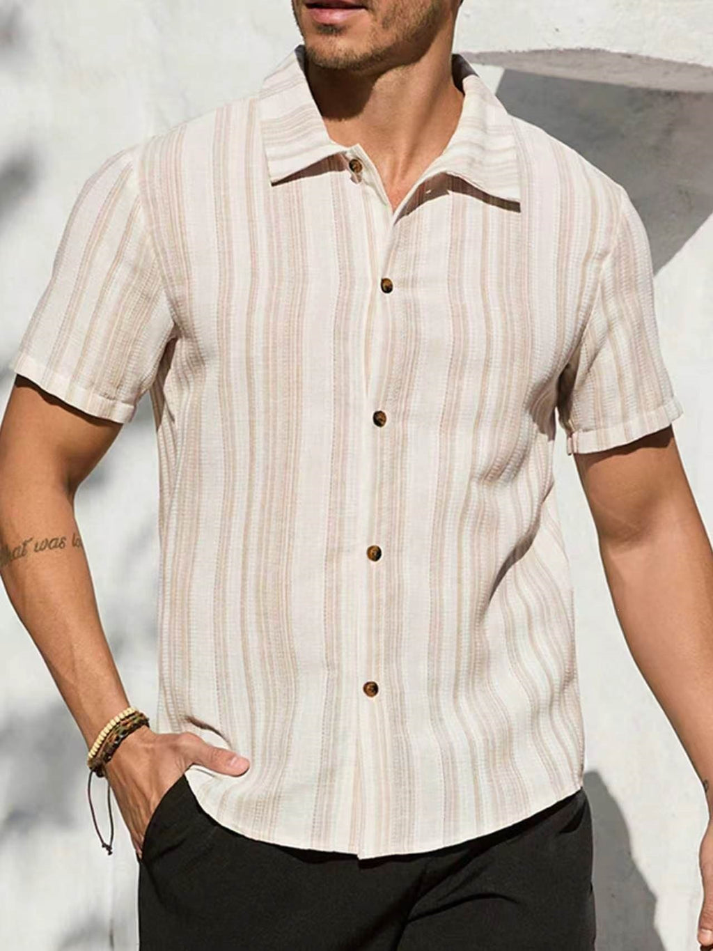 American-style Vintage Textured Striped Casual Short-sleeve Shirt