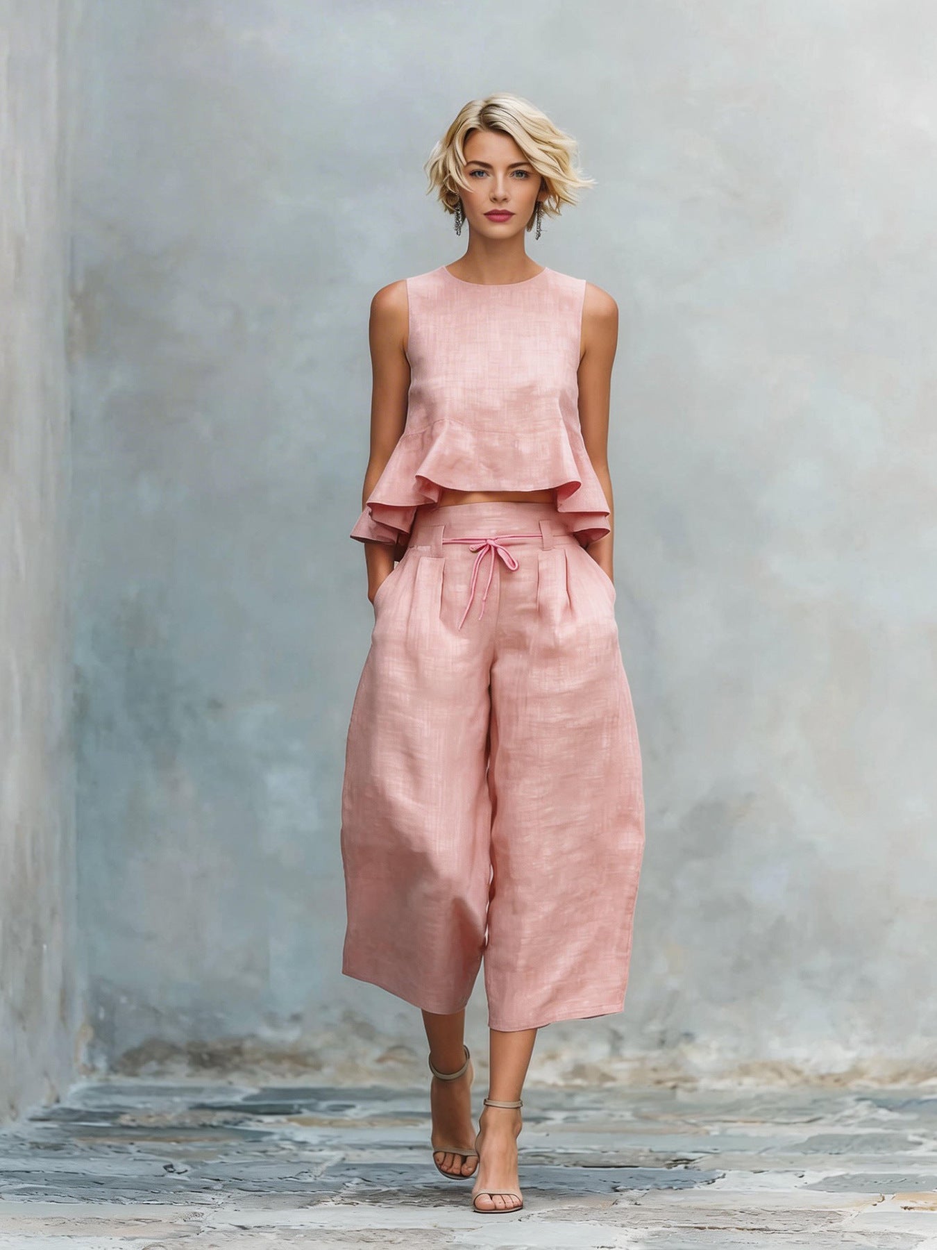 Ruffled Sleeveless Top & Wide-Leg Pants Set
