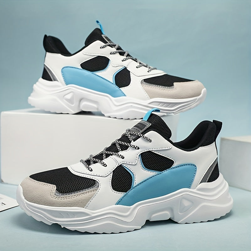 [Breathable Sneakers] Chunky Breathable Mesh Sneakers | Men's White & Teal Casual Sneakers with EVA Sole, Lace-Up Design for All Seasons