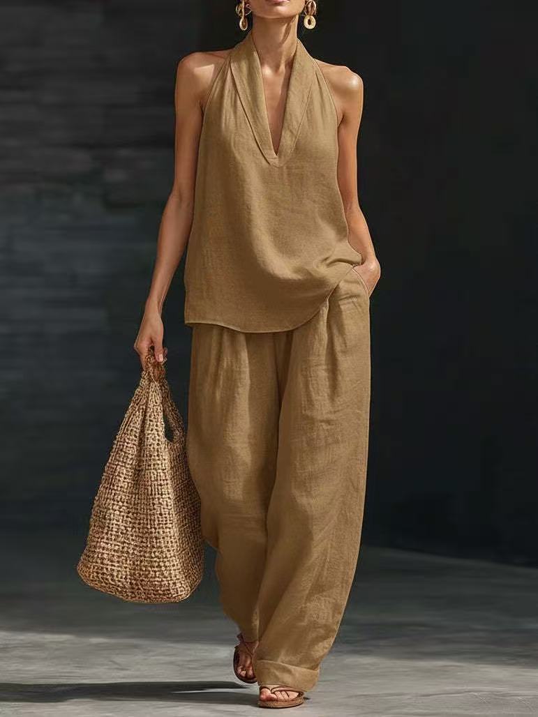 V-Neck Halter Top & Wide-Leg Pants Set