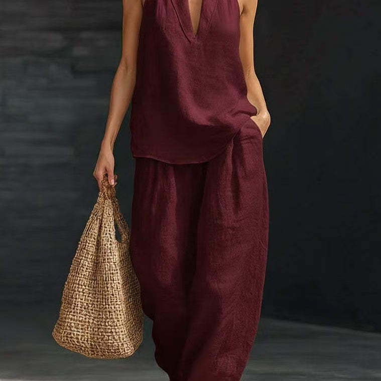 V-Neck Halter Top & Wide-Leg Pants Set