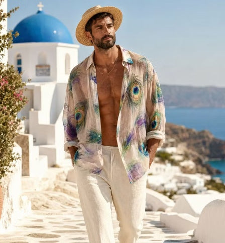 Peacock Feather Print Sheer Oversized Shirt