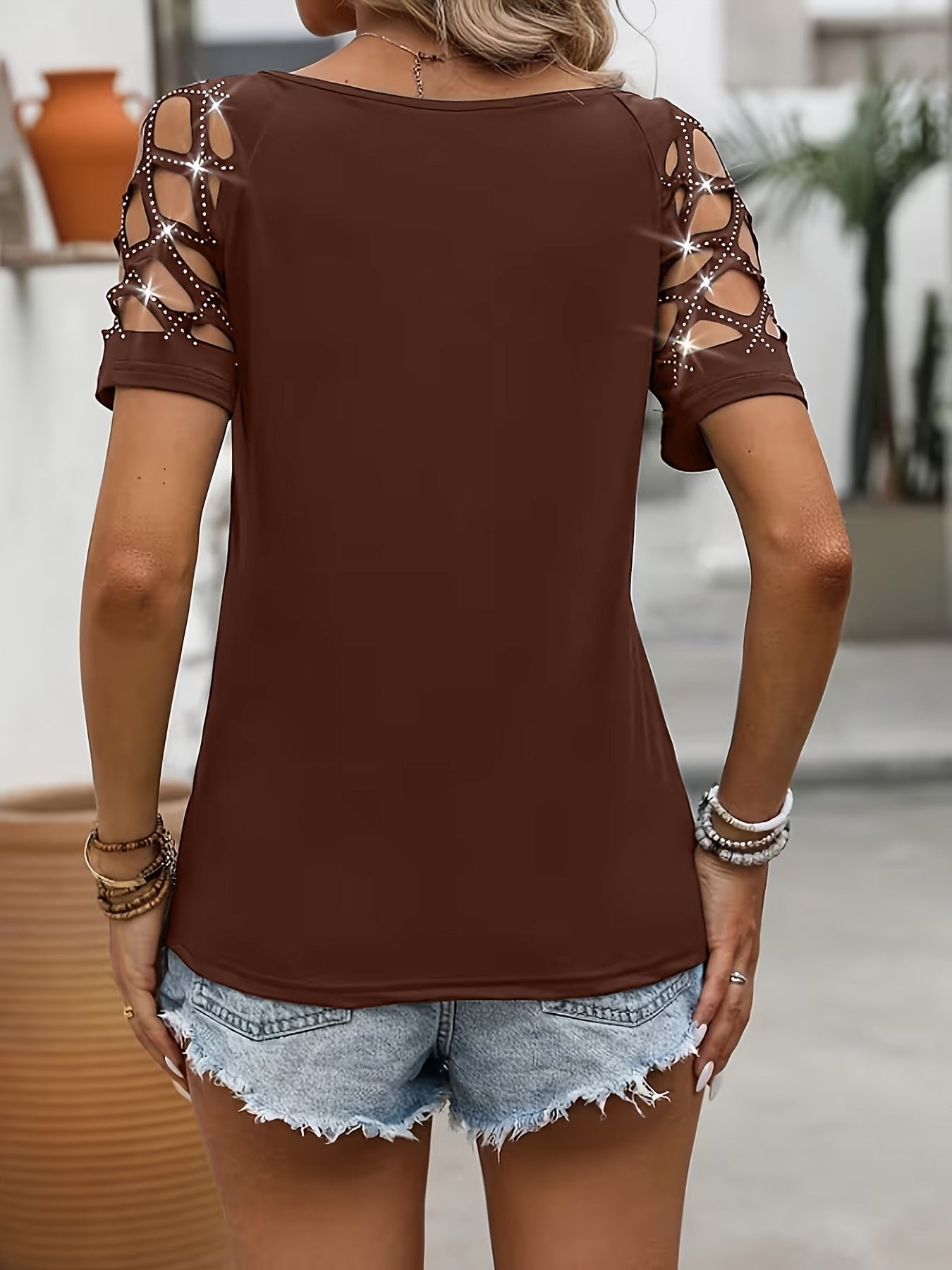 Womens Chain Hollow-out Hot-studded Short-sleeve Top