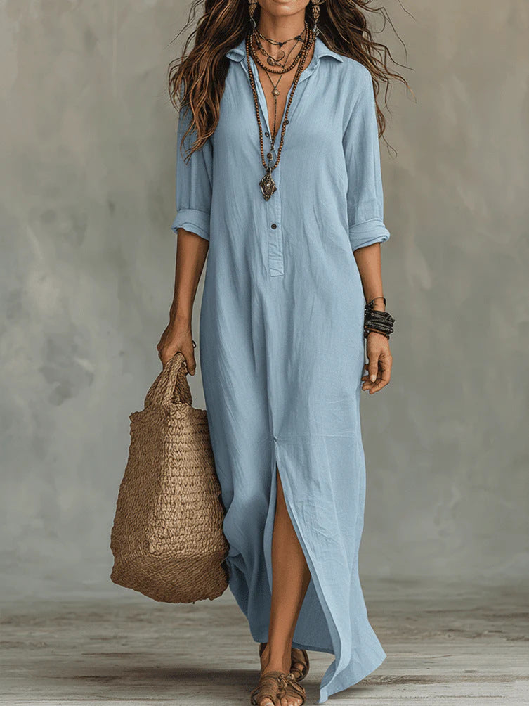Lapel Collar Side-Slit Maxi Dress