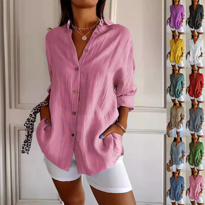 Women's Pleated Lapel Button Shirt