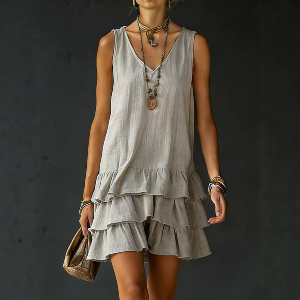 V-neck Cotton-linen Womens Fashionable Sleeveless Dress