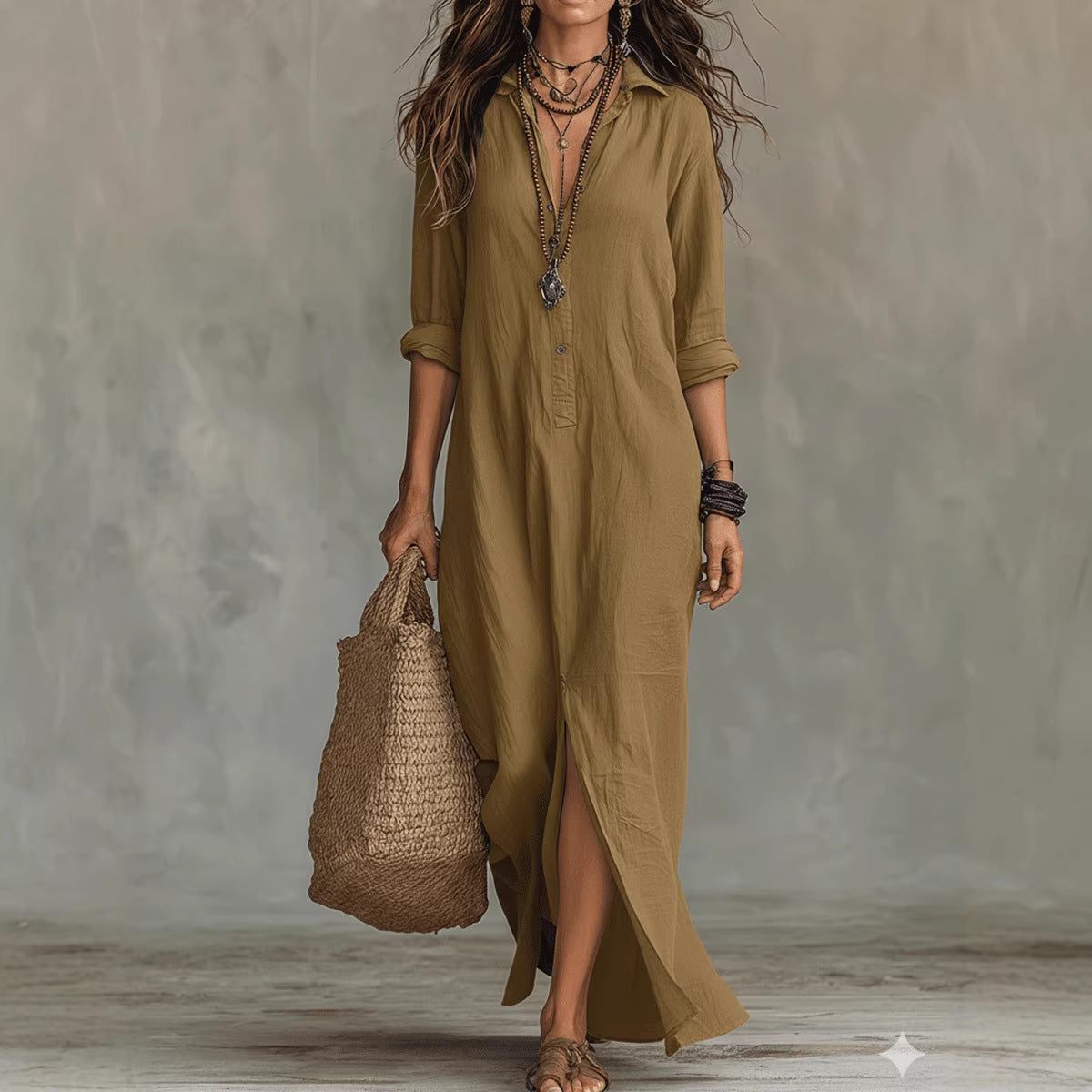 Lapel Collar Side-Slit Maxi Dress