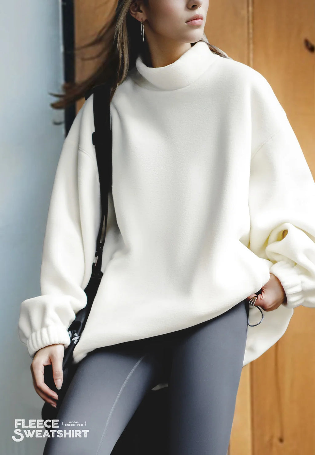 Maden Women’s Fleece Sweatshirt 370gsm Stand Collar Oversized Loose Pullover Unisex Thick Warm Autumn Winter Basic Sweatshirt