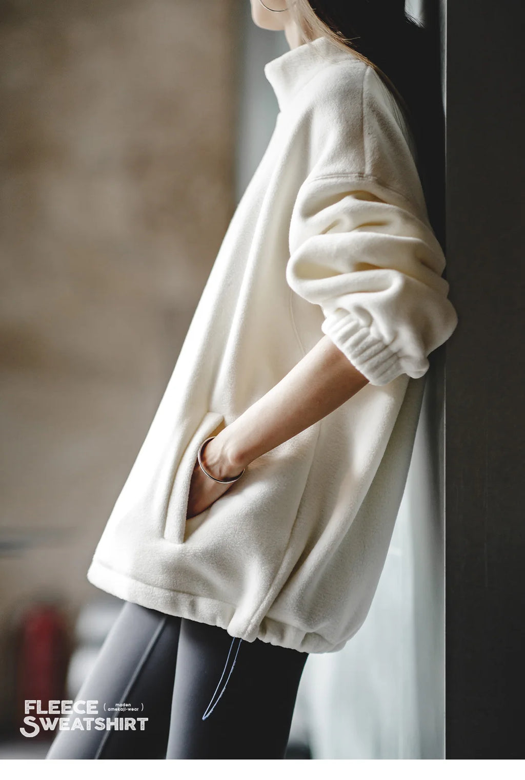 Maden Women’s Fleece Sweatshirt 370gsm Stand Collar Oversized Loose Pullover Unisex Thick Warm Autumn Winter Basic Sweatshirt