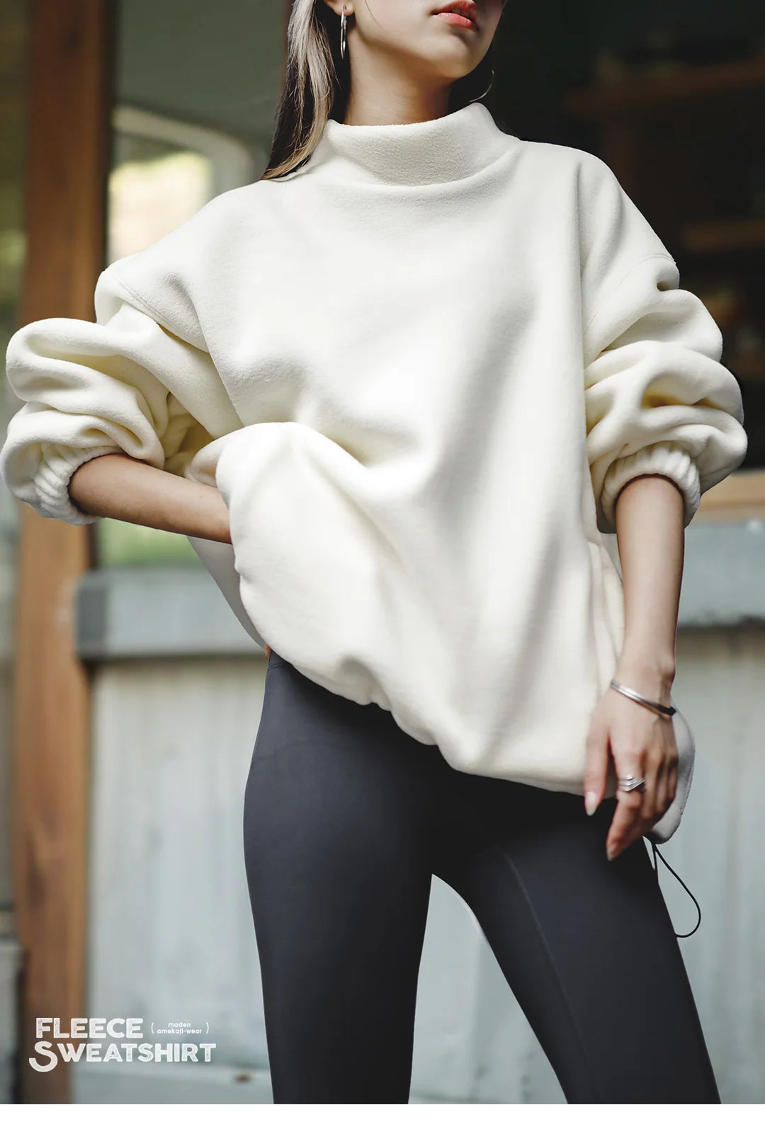 Maden Women’s Fleece Sweatshirt 370gsm Stand Collar Oversized Loose Pullover Unisex Thick Warm Autumn Winter Basic Sweatshirt