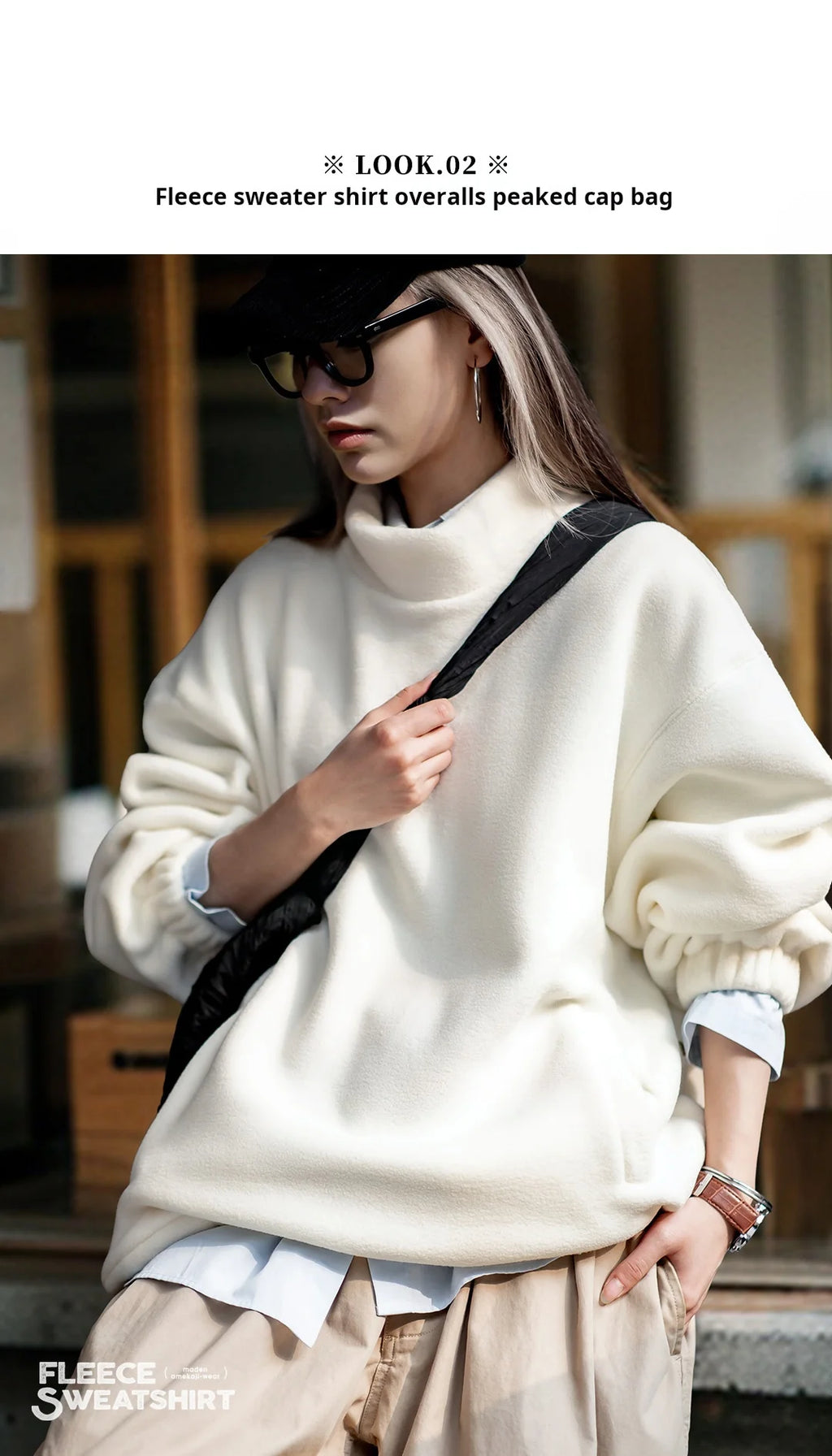 Maden Women’s Fleece Sweatshirt 370gsm Stand Collar Oversized Loose Pullover Unisex Thick Warm Autumn Winter Basic Sweatshirt