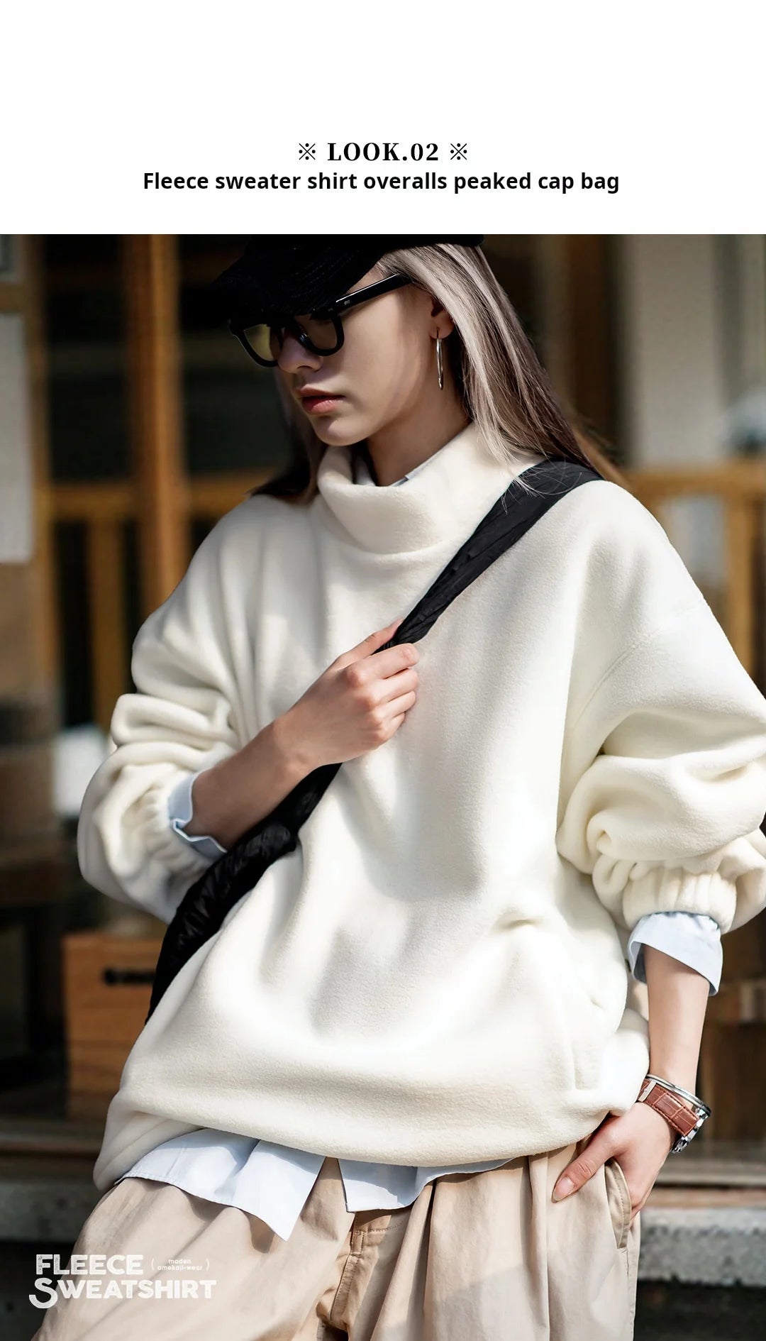 Maden Women’s Fleece Sweatshirt 370gsm Stand Collar Oversized Loose Pullover Unisex Thick Warm Autumn Winter Basic Sweatshirt