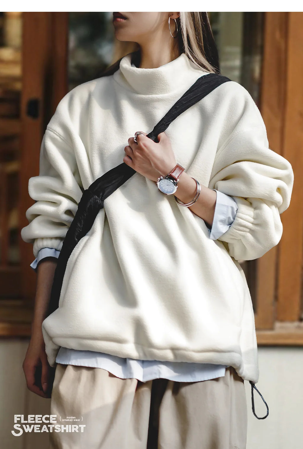 Maden Women’s Fleece Sweatshirt 370gsm Stand Collar Oversized Loose Pullover Unisex Thick Warm Autumn Winter Basic Sweatshirt