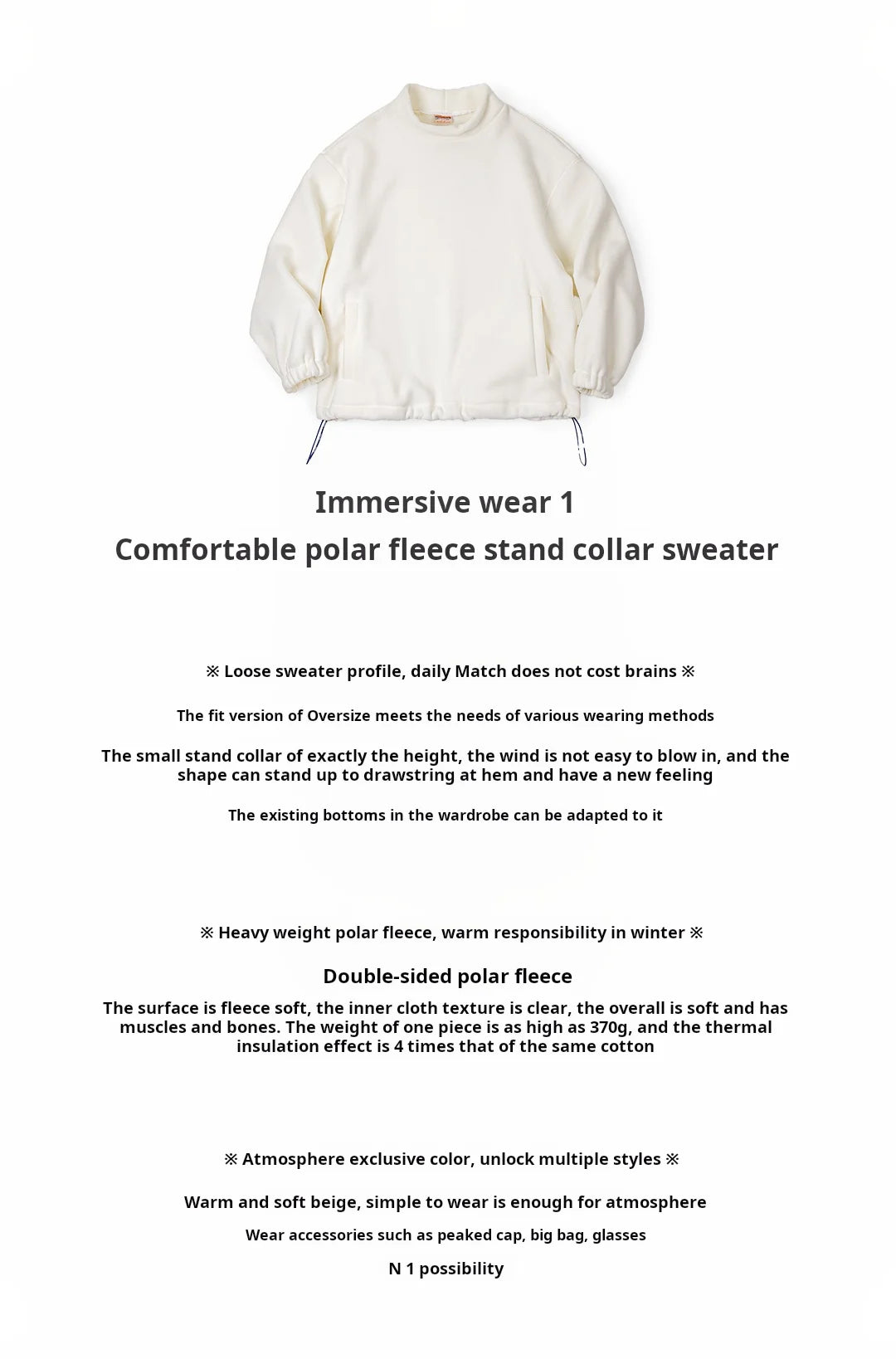 Maden Women’s Fleece Sweatshirt 370gsm Stand Collar Oversized Loose Pullover Unisex Thick Warm Autumn Winter Basic Sweatshirt