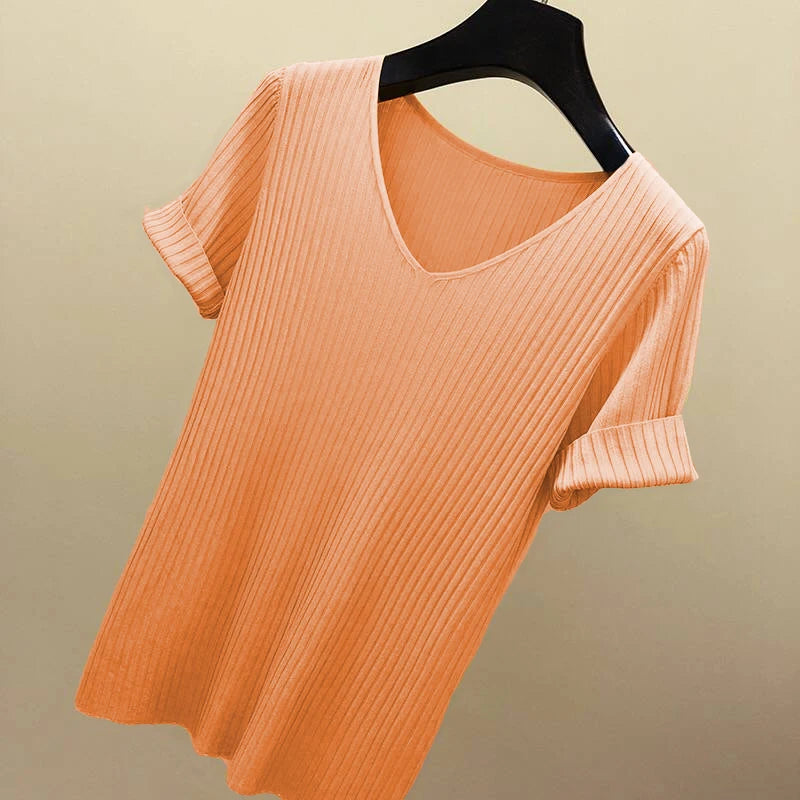 Women's Slim Knit V-Neck Short Sleeve Top