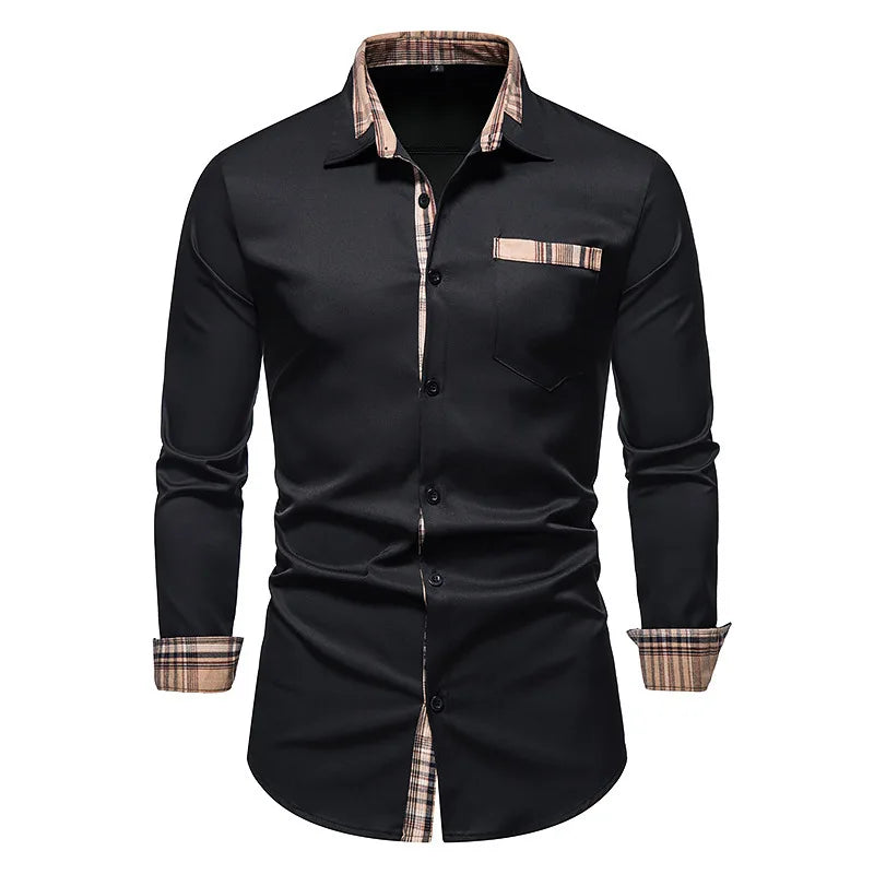 RNSHANGER Autumn Plaid Patchwork Formal Shirts for Men Slim Long Sleeve White Button up Shirt Dress Business Office Dress Shirts