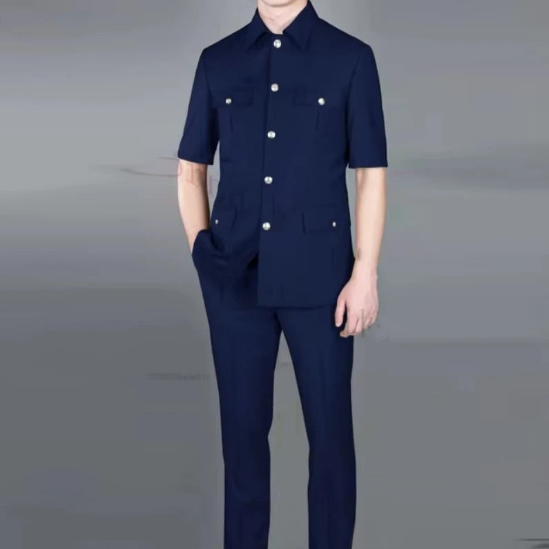 Short Sleeve Gold Button Slim Fit Party Coat Pant Suits Men Closure Collar Business Navy Blue Suits for Men MS579